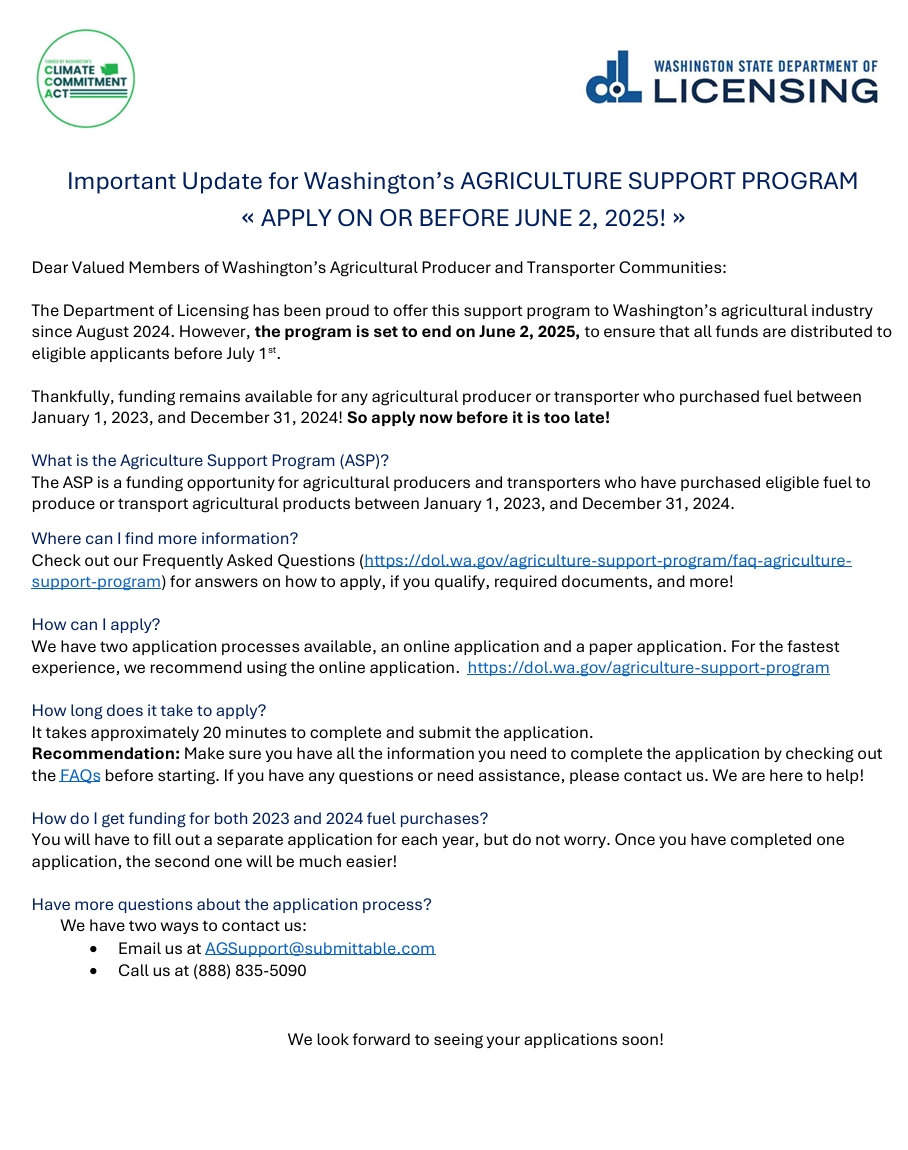 Update to the Agriculture Support Program- Apply Before June 2,&nbsp;2025!